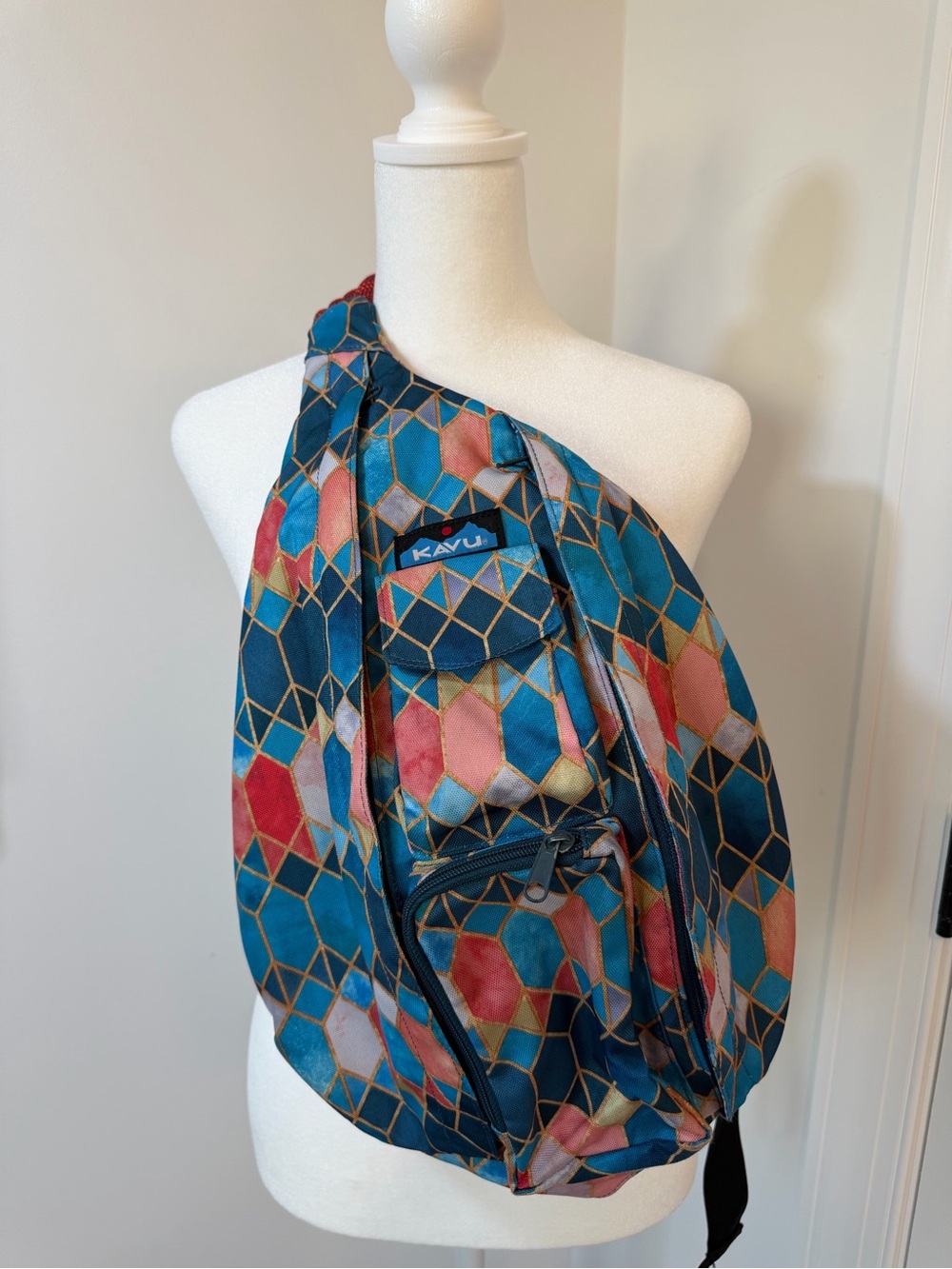 Kavu Teal Multicolor Geometric Sling Backpack